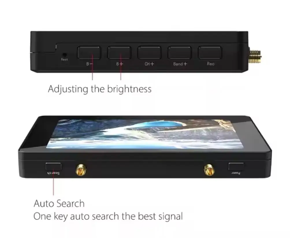 Moniteur FPV 5.8G avec VRX, connecté à une batterie, prêt pour le vol FPV avec antennes