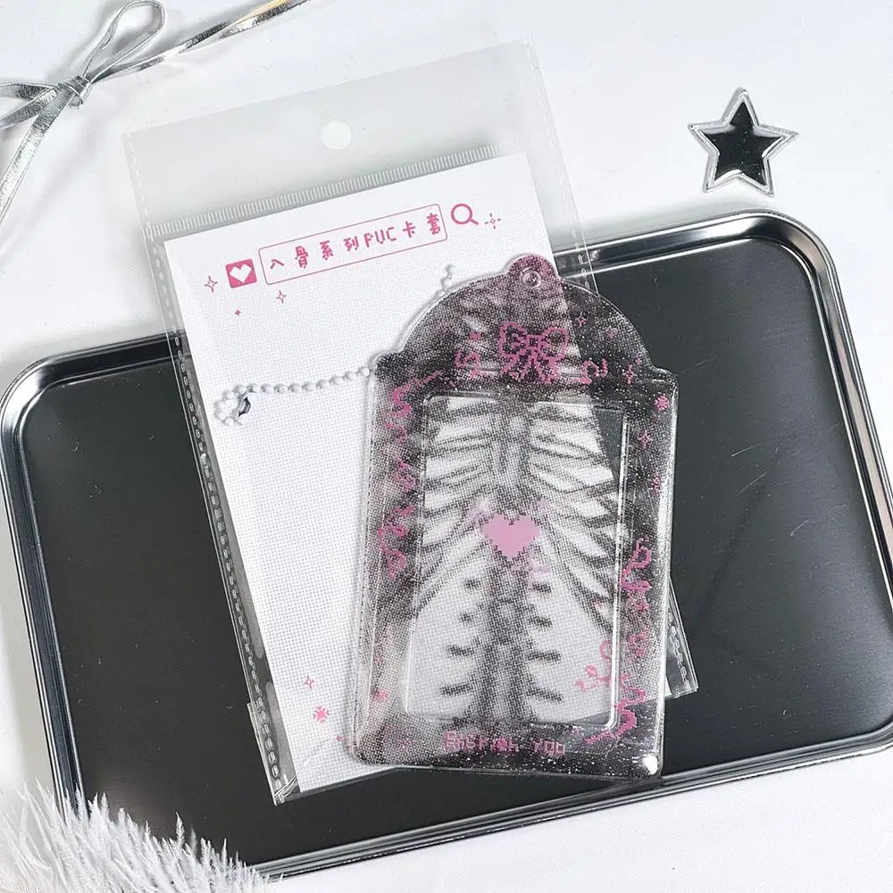 Cute Rib X-ray Photocard Holder with Keychain and Bowknot - 3-Inch Card Protect Sleeves