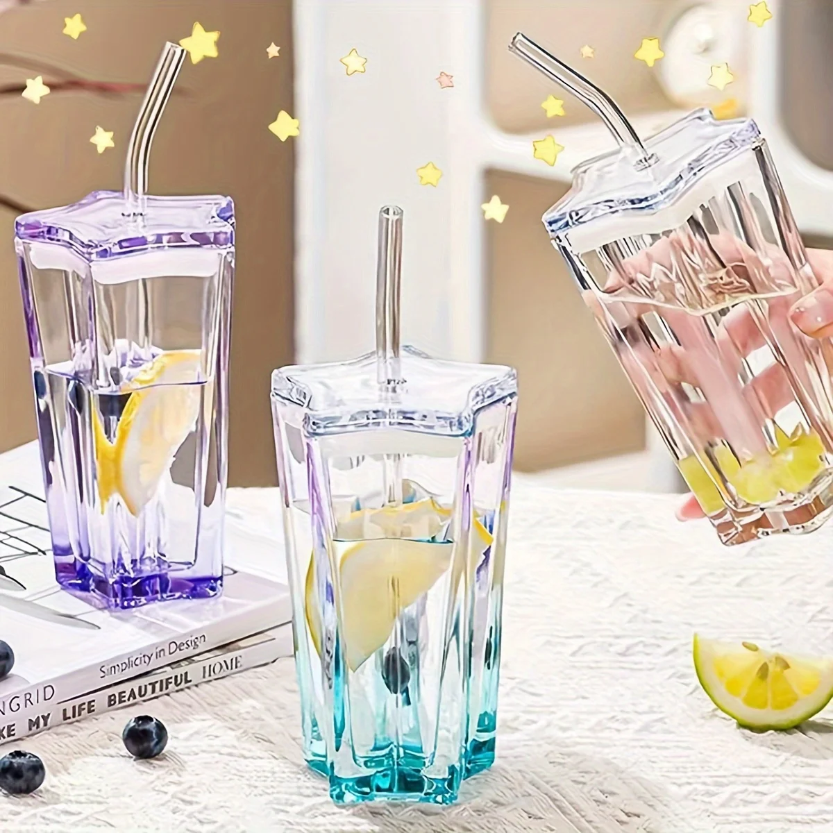 300ml Stylish Star-Shaped Glass Tumbler with Lid Straw Water Cups Glass Water Cup