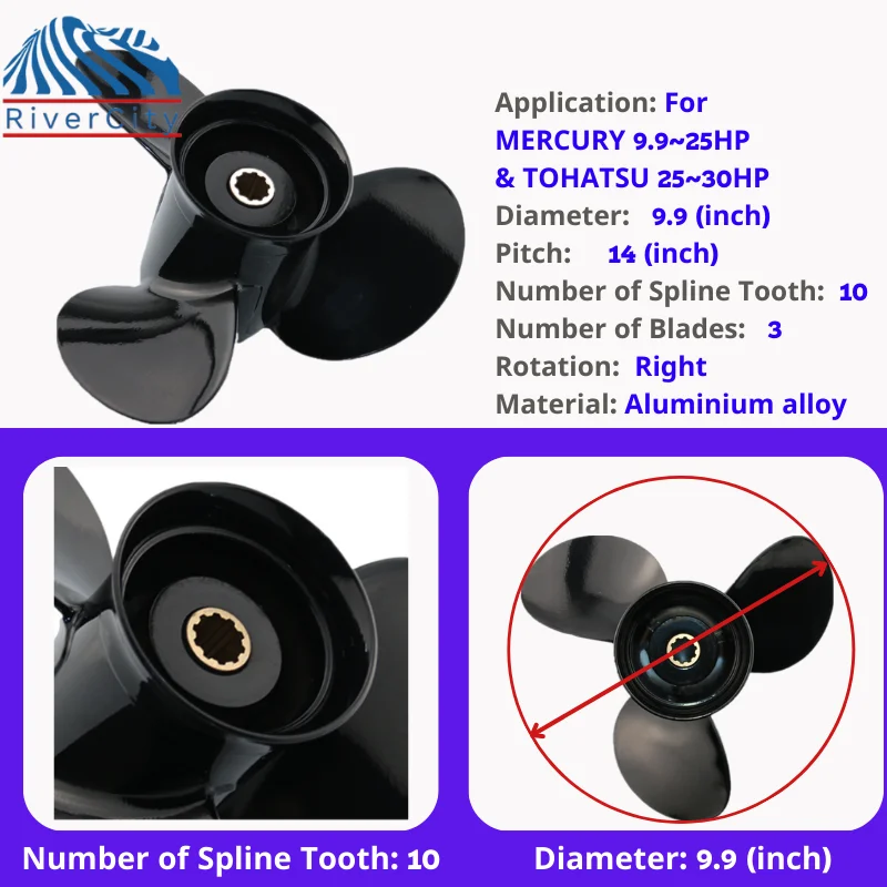 Boat Propeller 9.9x14 For Tohatsu Nissan 25hp 30hp Outboard Aluminum Alloy Propeller 3 Blade 10 Spline