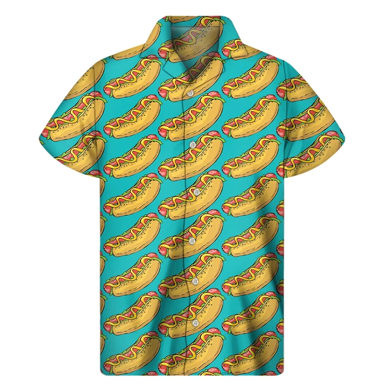 thumbnail image 1 of 2024 Camisas divertidas para hombres con estampado 3D de perrito caliente, camisa hawaiana de playa de gran tamaño de verano, blusa informal de manga corta con solapa, ropa, 1 of 4