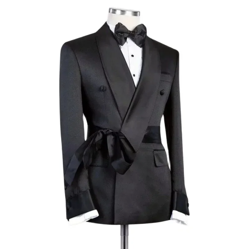 Double Breasted Suit Jacket for Men Wedding Shawl Lapel Slim Fit Groom Blazer with Belt 1 Pc Fashion Coat men suits jackets