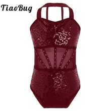  Kids Sparkly Sequins Ballet Leotards Girls Sleeveless Mesh Cutouts Back Gymnastics Bodysuit Halter Performance Dance Costume 