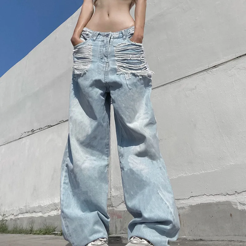 

Women Clothing Jeans European and American Style Streetwear Fashion High Waist Ripped Loose and Thin Straight Casual Pants