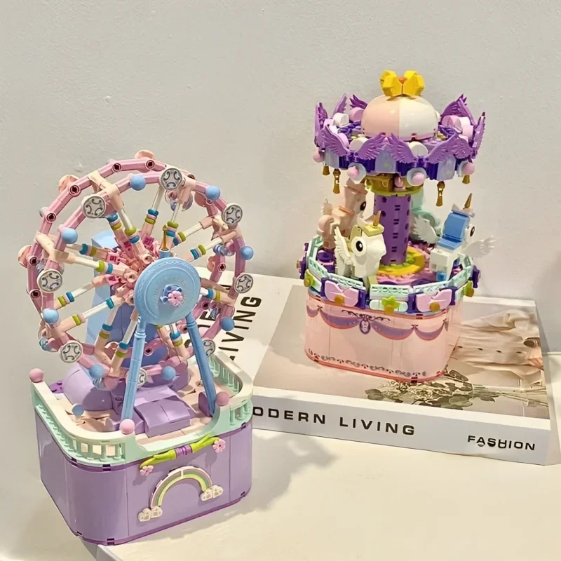 City Street Scenery Ferris Wheel Music Box Model Building Blocks DIY Self Assembly Carousel Brick Toy Friends Children Gifts