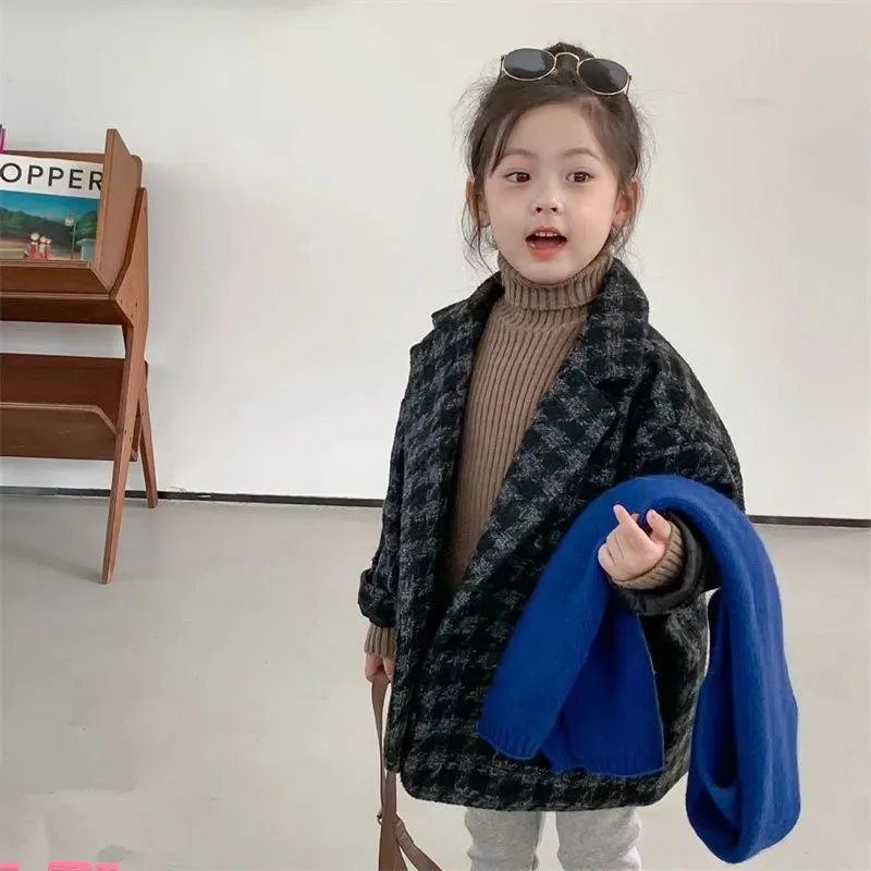 

Autumn Kids Plaid Woolen Jackets for Girls Turn Down Collar Cotton Padded Coat Toddler Children Casual Loose Outerwear Jacket 8