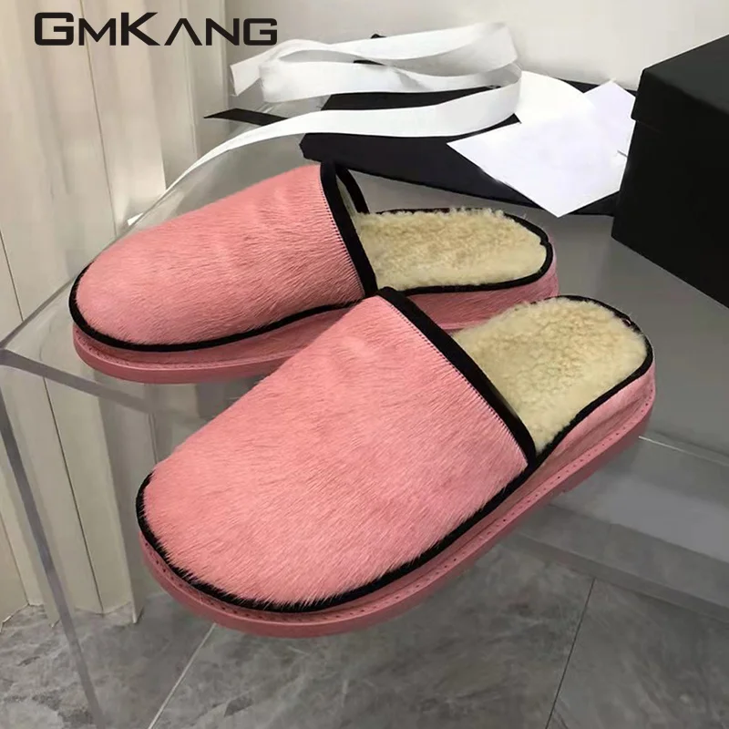 Pony wool slippers Women's metal buckle flat shoes Women's round head leisure mule winter wool slippers Walking casual shoes Men