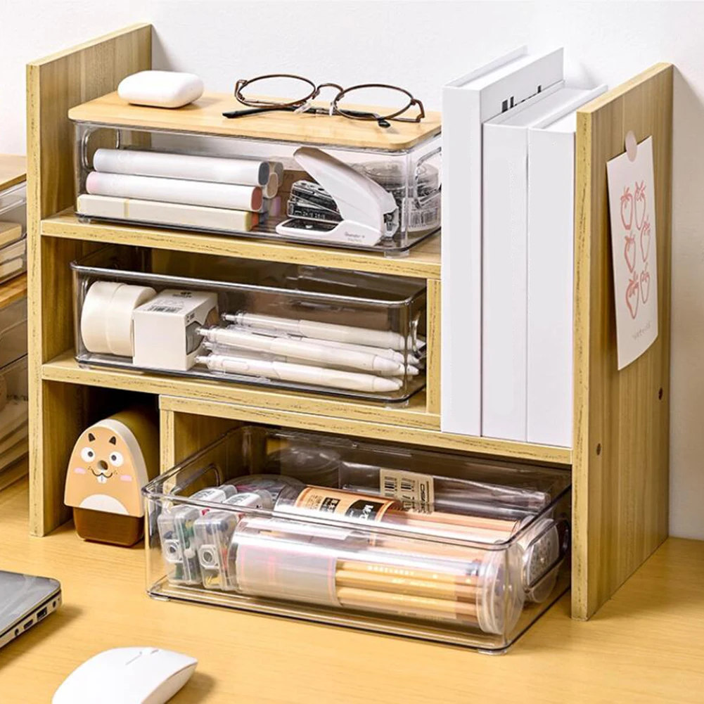 Clear Plastic Office Supplies Storage Container Stackable Desk Organizer with Bamboo Lid for Bathroom Cabinet Desk Organization 4