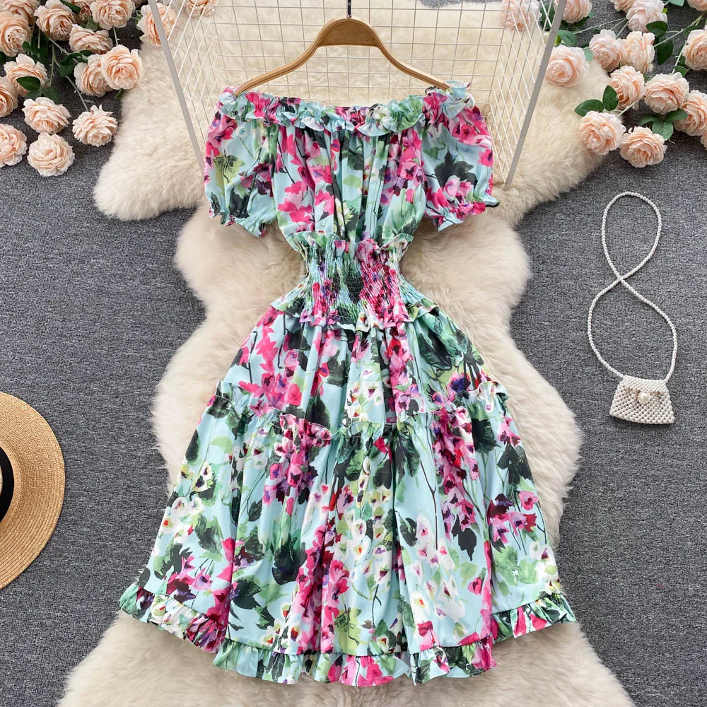 

French One-shoulder Retro Gentle Pleated Self-cultivation High-waisted Lace-up Ruffled Thin Floral Short-sleeved Dress Female