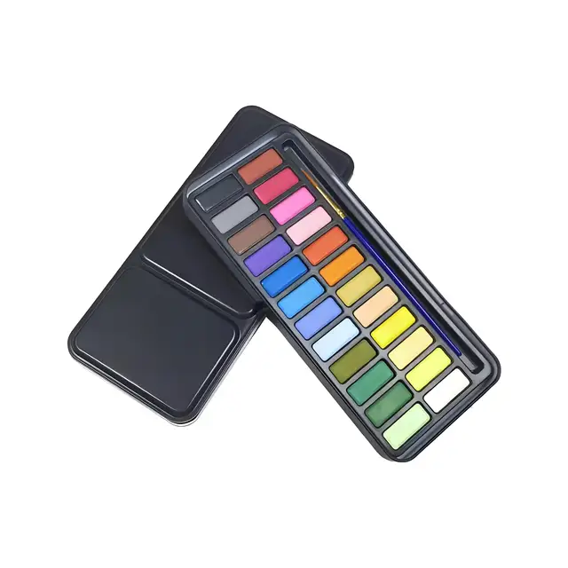 Vernice ad acquerello solida con scatola di ferro da 24 colori, penna gratuita e carta colorata. Adatto per principianti che dipingono, scarabocchi. 3