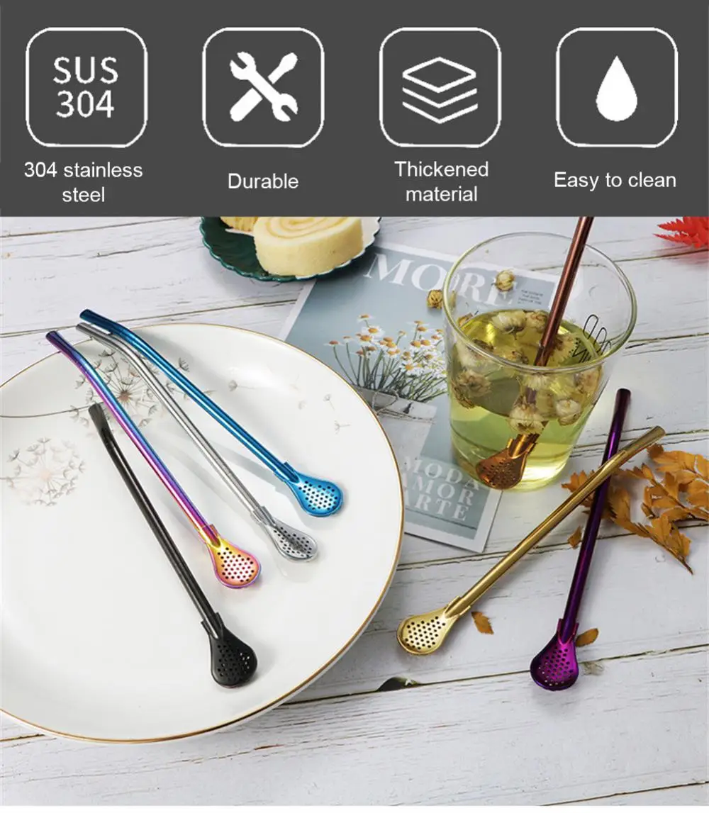 Description Picture 2 of itemColorful 304 Stainless Steel Tea Drinking Straws Spoon Yerba Mate Tea Filter Reusable Bombilla Gourd Tea Tools Bar Accessories