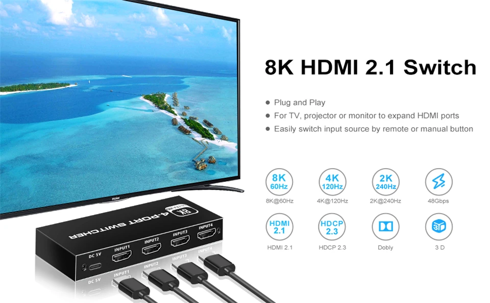 8K HDMI 2.1 Switcher Selector 4K 120Hz HD Switch HDMI Splitter 4 In 1 Out 3 In 1