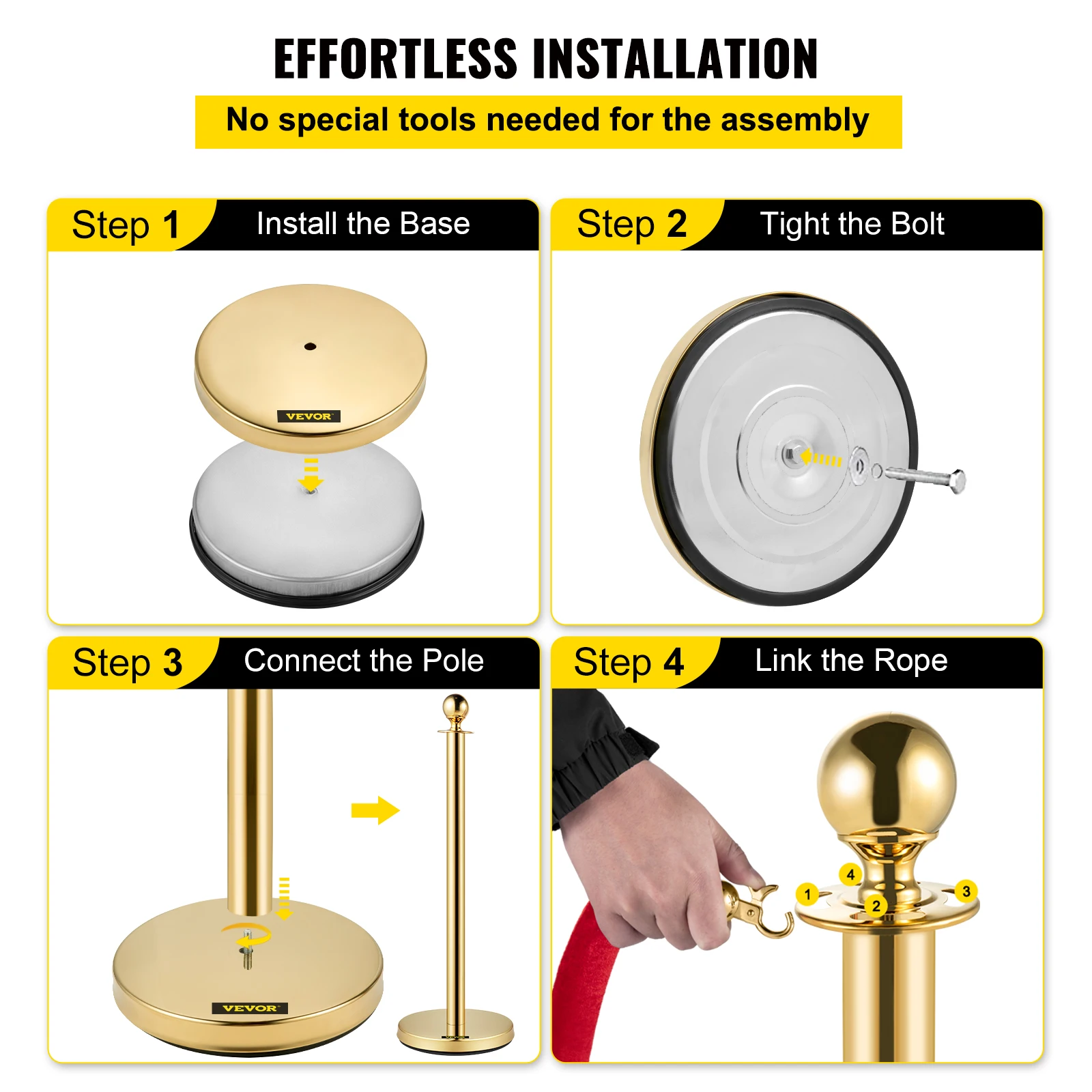 VEVOR Gold Crowd Control Barrier 5 ft/1.5 m Elegant Velvet Ropes and Posts Stainless Steel Stanchion Post with Ball Top 4 PCS
