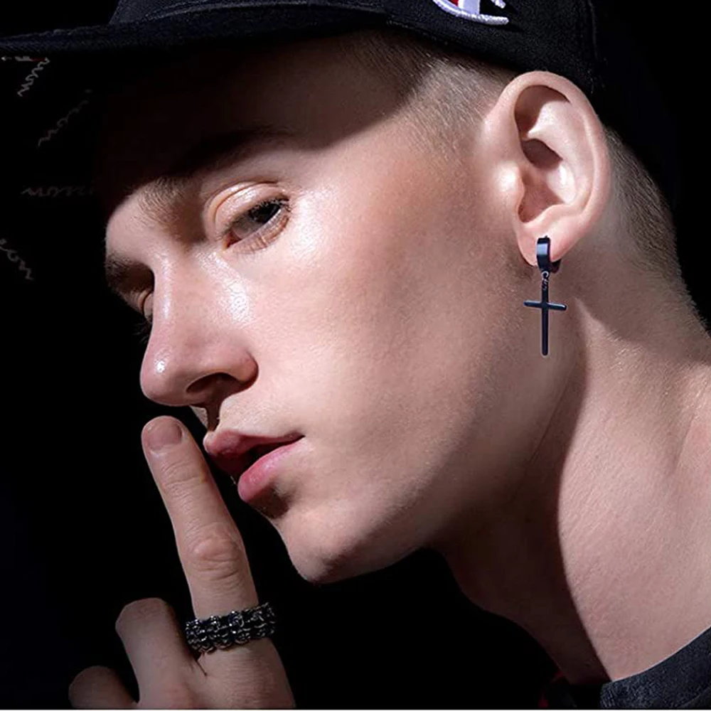 WKOUD Unisex Punk Hip Hop Stainless Steel Lock Thunder Lightning Black Bolt Dangle Huggie Hoop Earrings For Women Men Boy Teens - Image 3