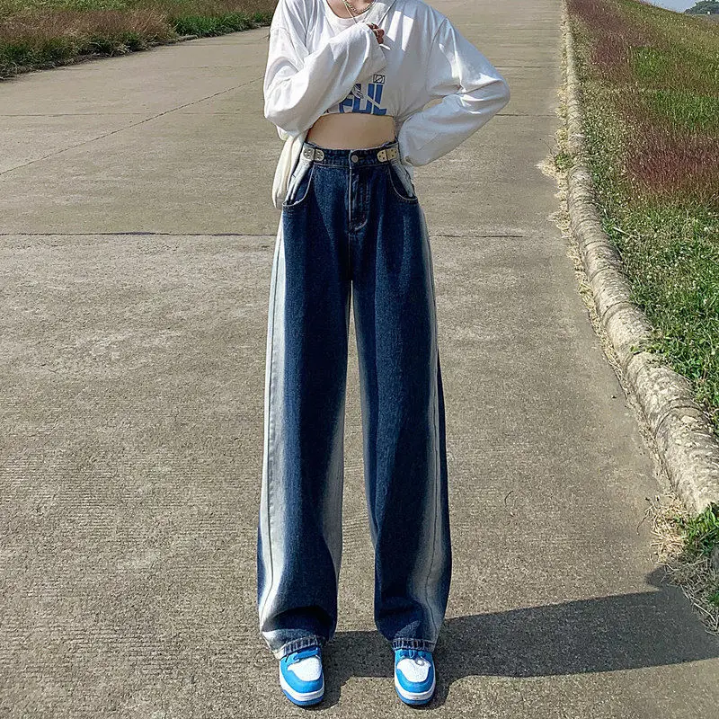 

New High-quality Design Sense Color Contrast Straight Large Size Jeans Women's High Waist Loose Mopping Wide Leg Pants Trendy