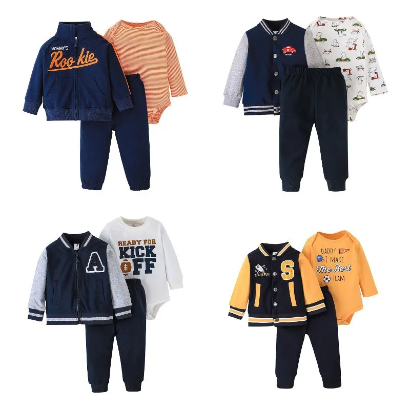 

Newborn Baby Spring and Autumn Striped Long Sleeve T Shirt Trousers + Coat Three Pieces of Casual Jacket Zipper Hoodie Set