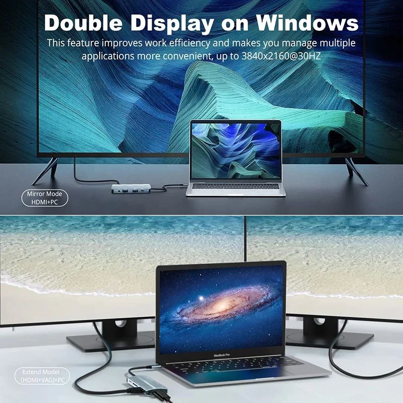 8 in 1 멀티포트 USB-C 허브 USB C 타입 C to 4K HD HDMI VGA USB 3.0 도킹 스테이션 허브 어댑터 (노트북용)