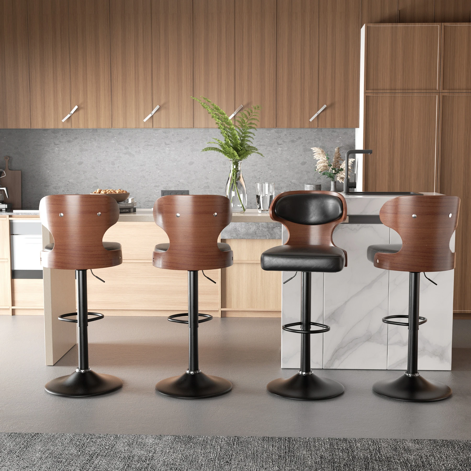 Bar Stool 2-Piece Set, Bent Wood Swivel Bar Stool with Backrest and Footstool-Pu Leather Cushion Chair