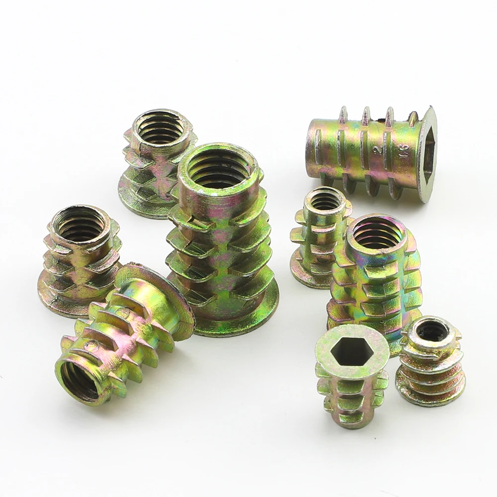 Thread Insert Nut for Wood Yellow Zinc M4 M5 M6 M8 M10 Flanged Hex Drive Head Furniture Nuts Connector 10/20/30pcs