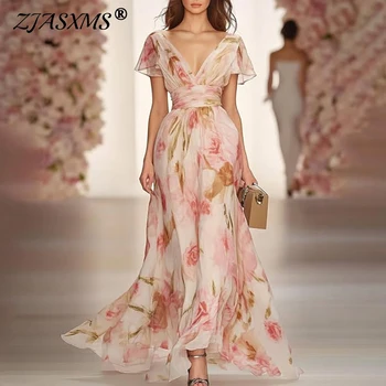 Boho Style Elegant Floral Print Long Dress Woman Spring V Neck High Waist Party Dress Summer Short Sleeve Zip Maxi Dress Vestido 1
