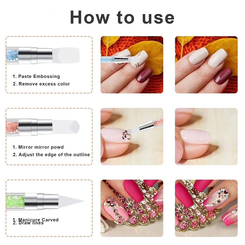 5pcs Set Dual-Ended Silicone Head Carving Dotting Pen Nail Art Silicone Sculpture Pen Brushes Rhinestone Crystal Handle Tool 6