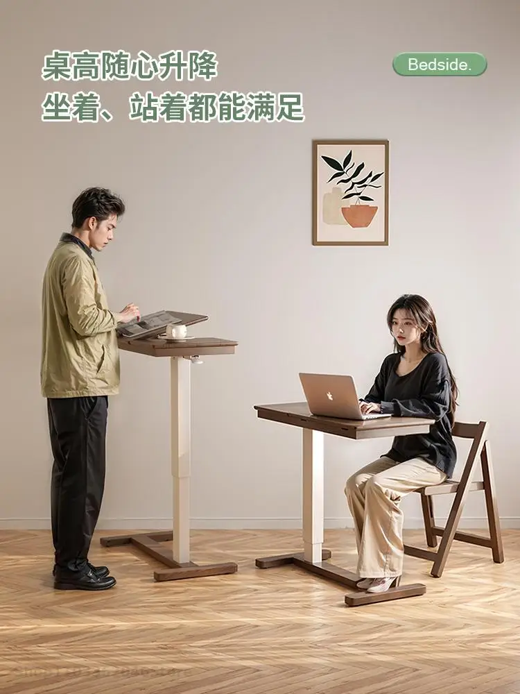 Solid Wood Bedside Table With Wheeled Movable Lifting Laptop Desk Sofa Side Table Small Bed