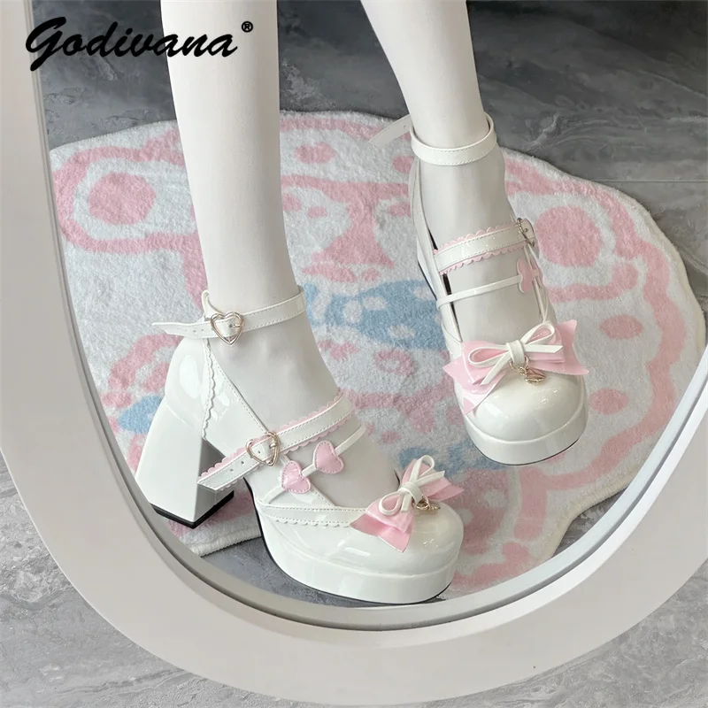 

Lolita High Heel Original Lady Girls Round Head Cute Bow Patent Leather Shoes Elegant Spring and Autumn Women Mary Jane Shoes