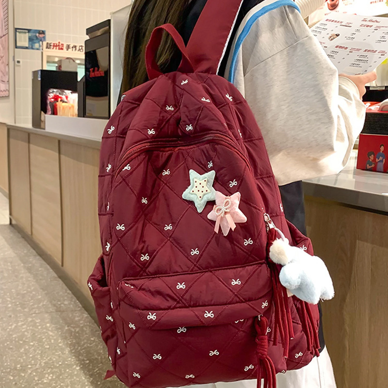 Soft Nylon Padded Rucksack with Pendant Bow Embroidery School Bag Large Capacity Bowknot Laptop Daypack Commute Backpack