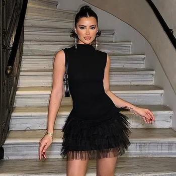 Black Sleeveless Mesh Patchwork Mini Evening Prom Dresses