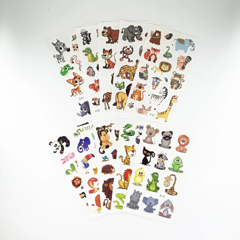 Waterproof Cartoon Animal Fake Tattoo Stickers, Tatuagens Temporárias para Crianças Braços e Corpo, DIY, 10 Folhas por Conjunto