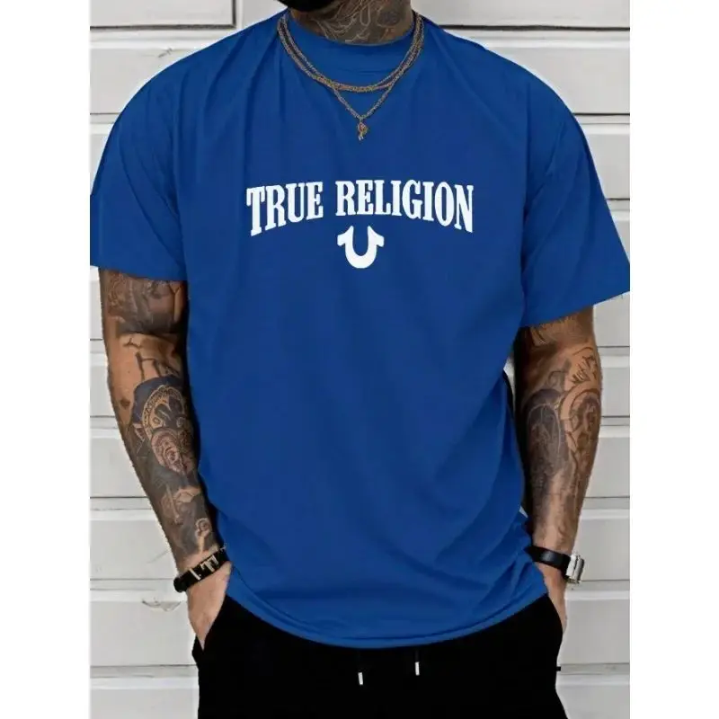 2025 New TRUE RELIGION Letter Fun Printed Cotton Men's T-shirt Fashion Loose Casual Daily Trend Large Round Neck Street T-shirt 4