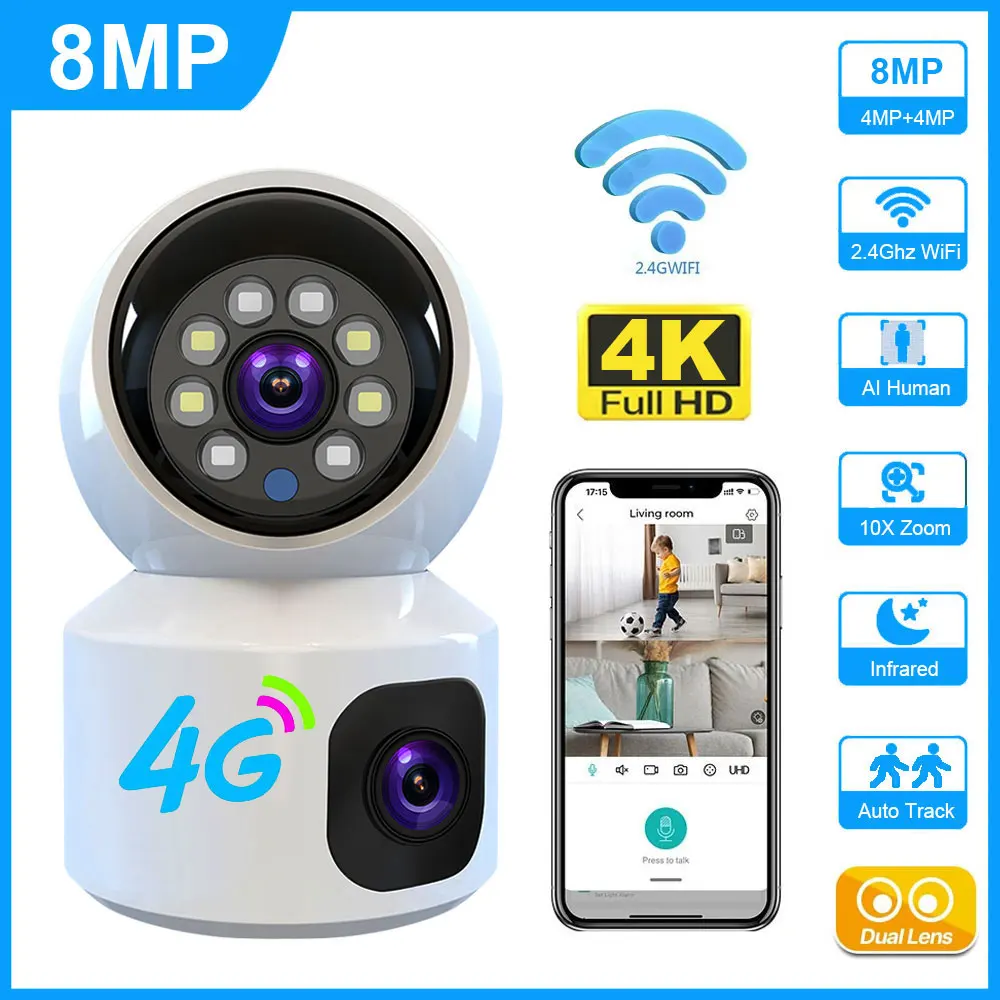 Mini 4G Sim Camera Wifi Wireless 8MP 4K PTZ Baby Monitor AI Human Detect Night Vision V380 Pro Dual Lens CCTV Security IP Camara