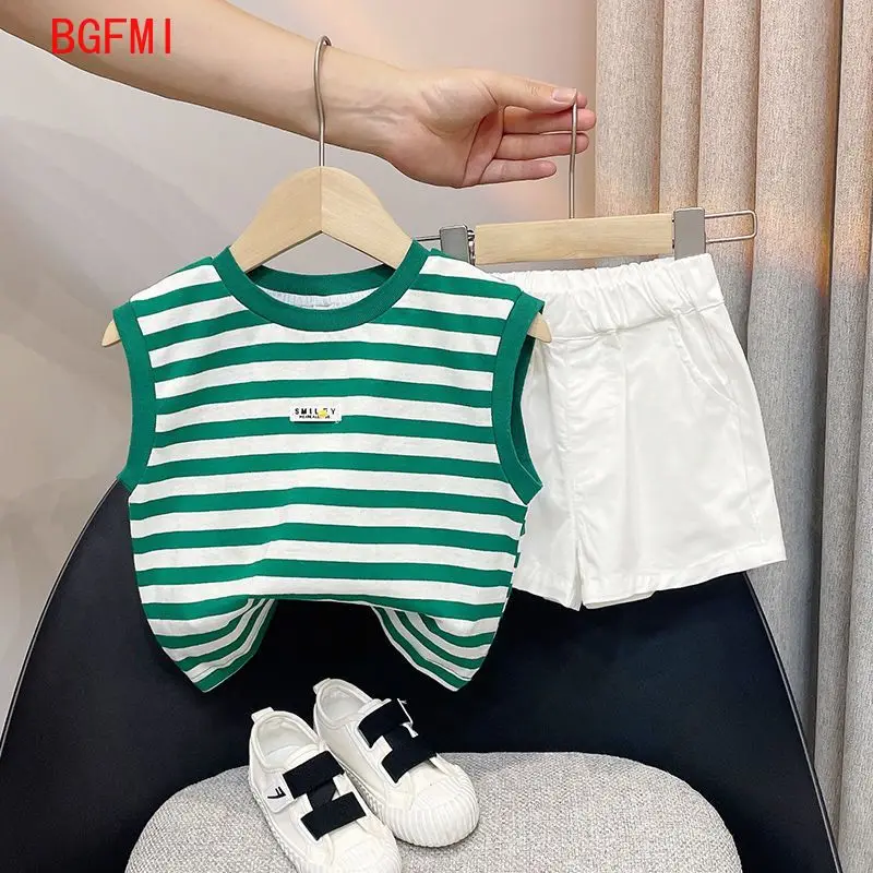 

Boys' Striped Summer Casual Clothing Girl Children Handsome Boy Baby Sleeveless Vest and Shorts Set Kids Clothes Boys Outfits