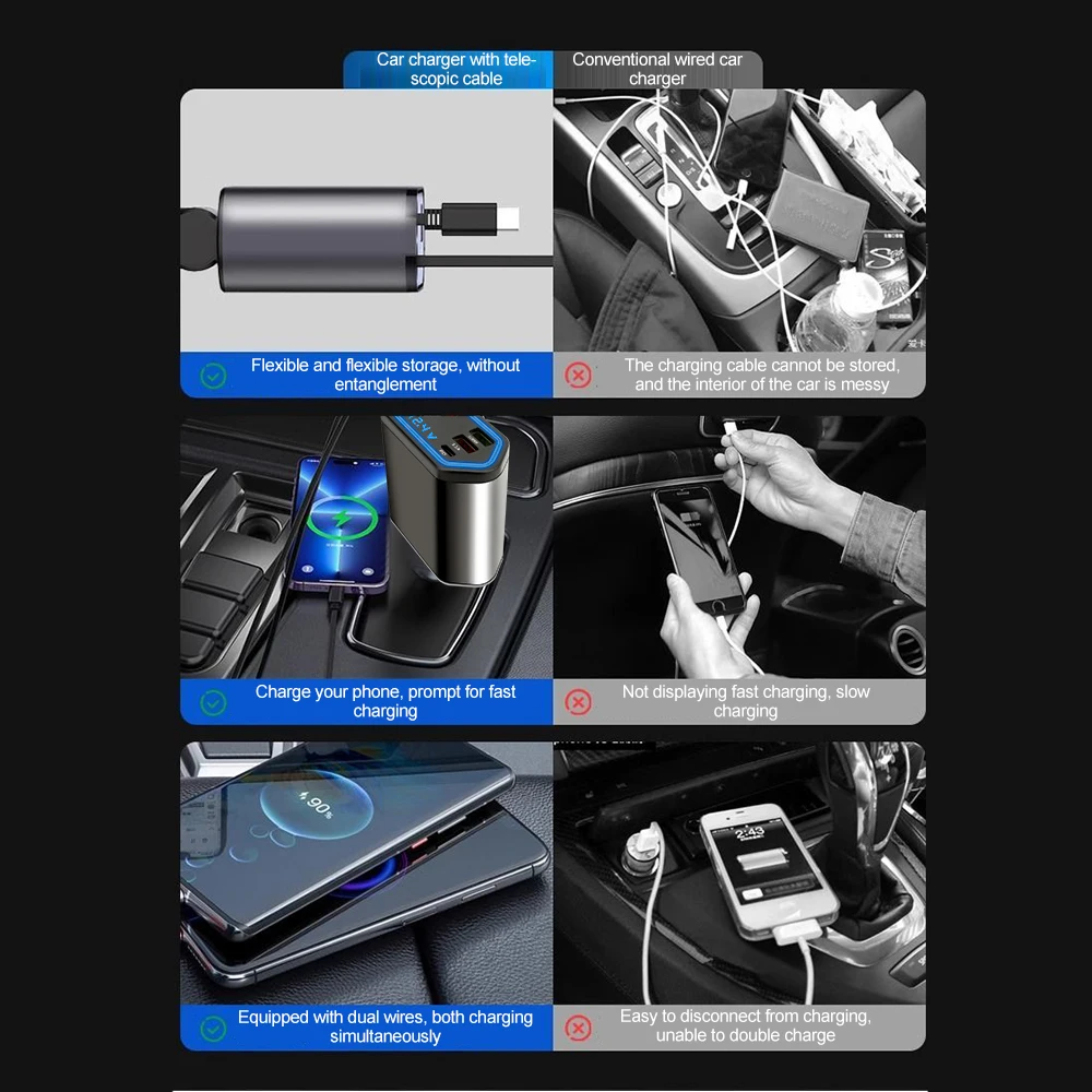 Adattatore di ricarica rapida 4 in 1 per auto da 120 W con cavo retrattile, porte USB di tipo C, caricabatterie per telefono per iPhone, Samsung, Huawei_voghion.com