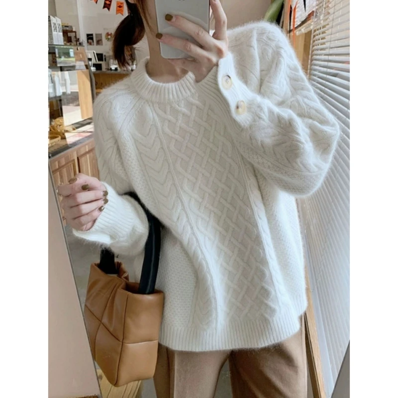 

Elegant Women Criss-Cross Knitted Sweater Autumn Winter Warm Button Long Sleeve O-Neck Pullover Loose Sliming Thickened Knitwear