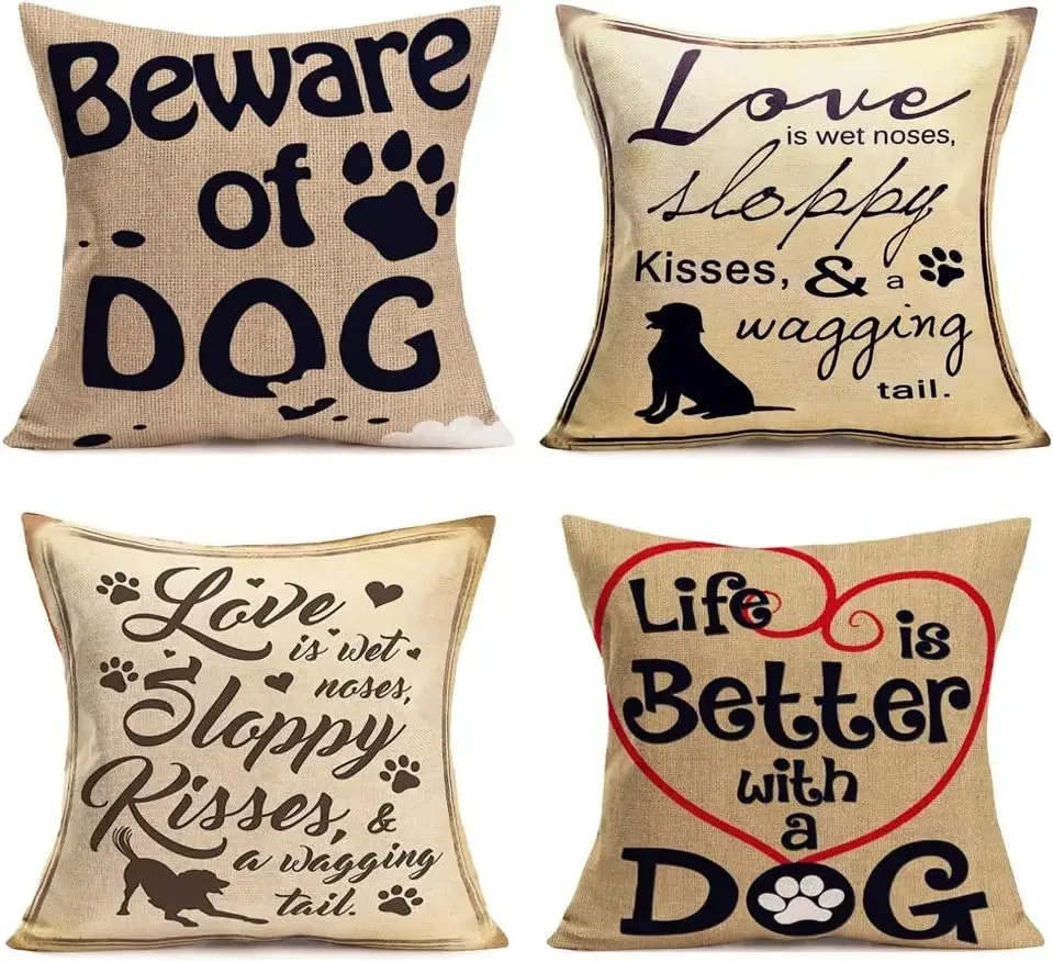 

Cute Animal Decoration Pillow Cover Love Dog Theme Linen Square Heart Printed Pillowcase Decoration Domestic Sofa Cushion Cover