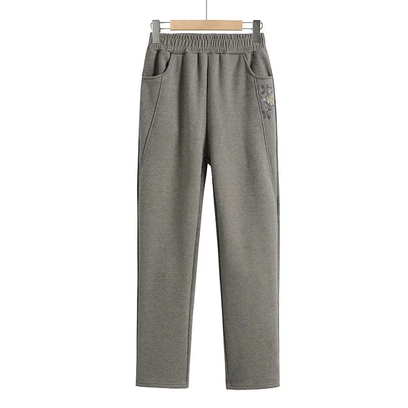Autumn and Winter Women's Elastic Waist Solid Embroidered Bright Line Decoration Pocket Plush Thickened Harlan Fashion Pants