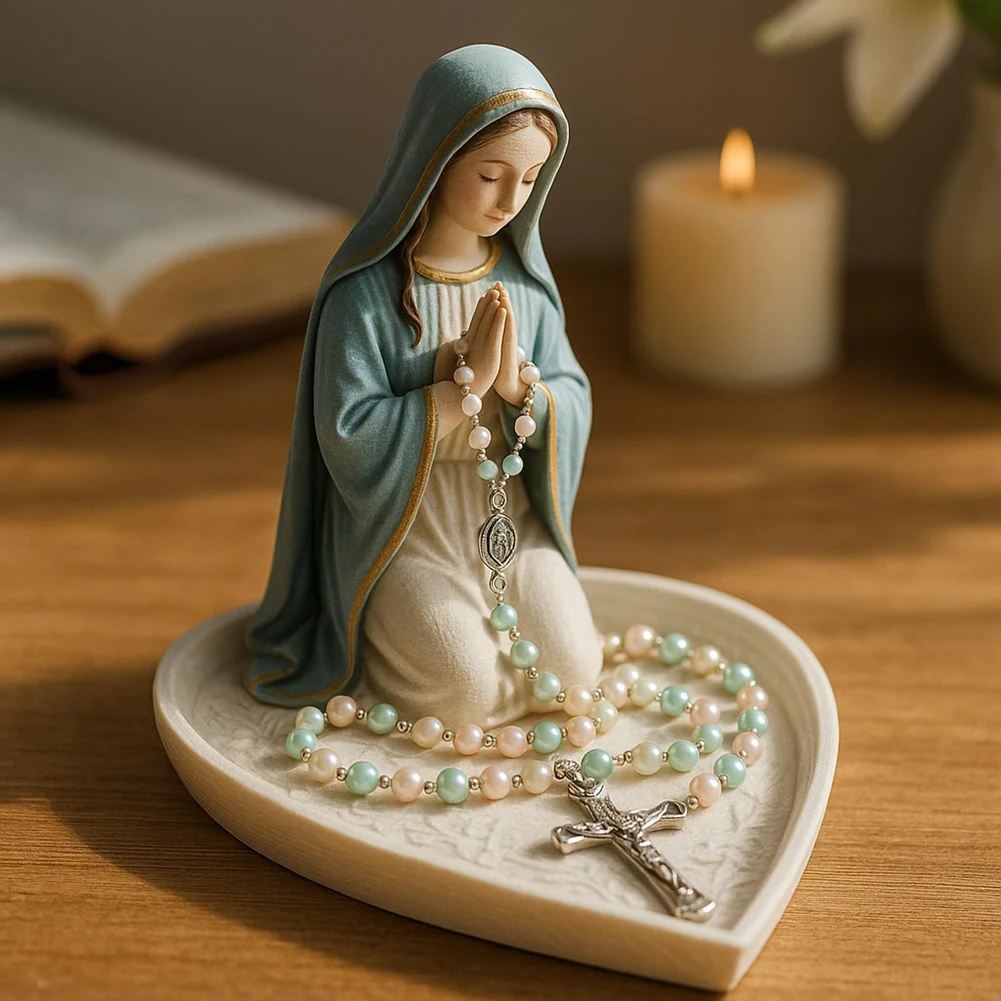 Virgin Mary Rosary Holder Statue Resin Elegant Our Lady Prayer Rosary Box Desktop Blessed Holy Mother Figure Catholic Home Decor