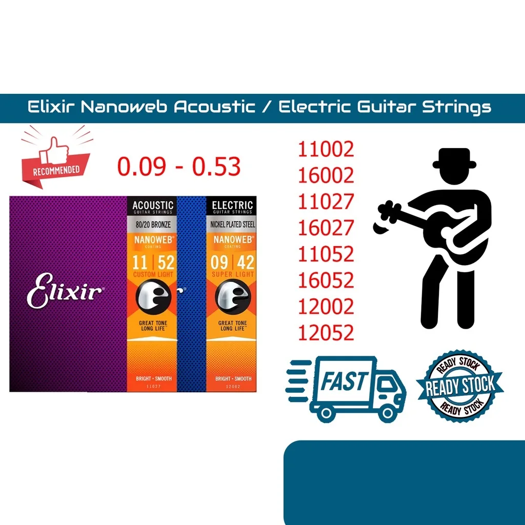 Elixir Nanoweb Acoustic / Electric Full Set Guitar Strings 16027 11052