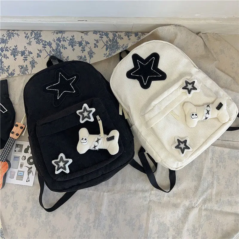 

Casual Kawaii Star Bone Corduroy Backpack Preppy Style Big Capacity Handbag Fashion School Travel Backpack