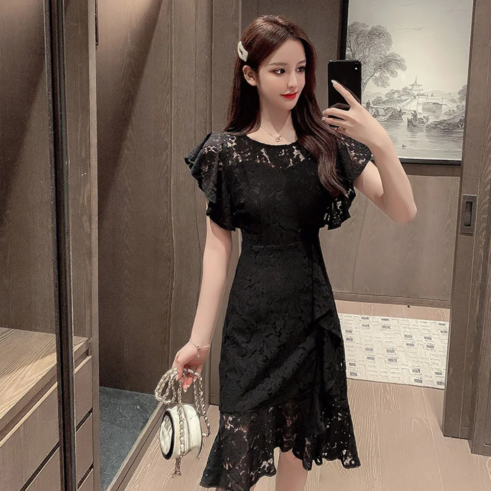 

Sexy Black Lace Dress For Women's 2022 Summer Big Size M-4XL Ruffles Casual Fashion Ladies Dress Elegant Party Fishtail Dresses