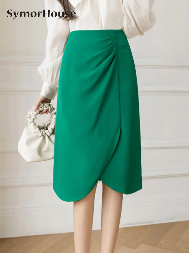 

Spring Summer Autumn Elegant High Waist Skirts Women Korean Fashion Knee-Length Office Folds Split Wrap -Hips A-Line Skirts