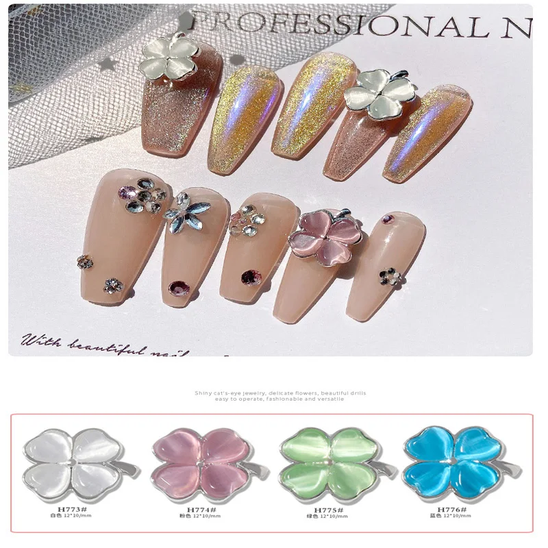 4Pcs 10*12mm 4Color Heart Four-Leaf Clover Glass Crystal Rhinestones On  Nails Flower Nail Charm Heart Parts For Nail Decoration