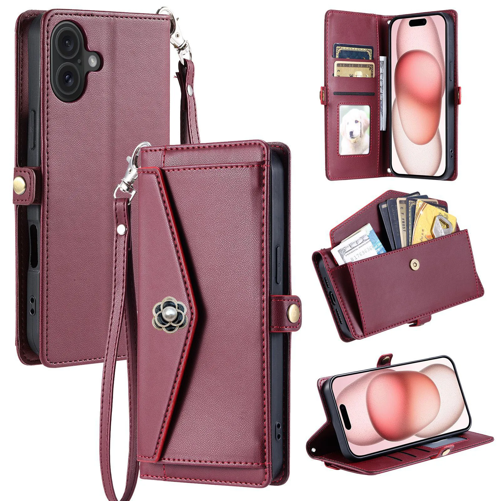 Camellia Crossbody Leather Wallet Case with Handy Strap and Card Slots