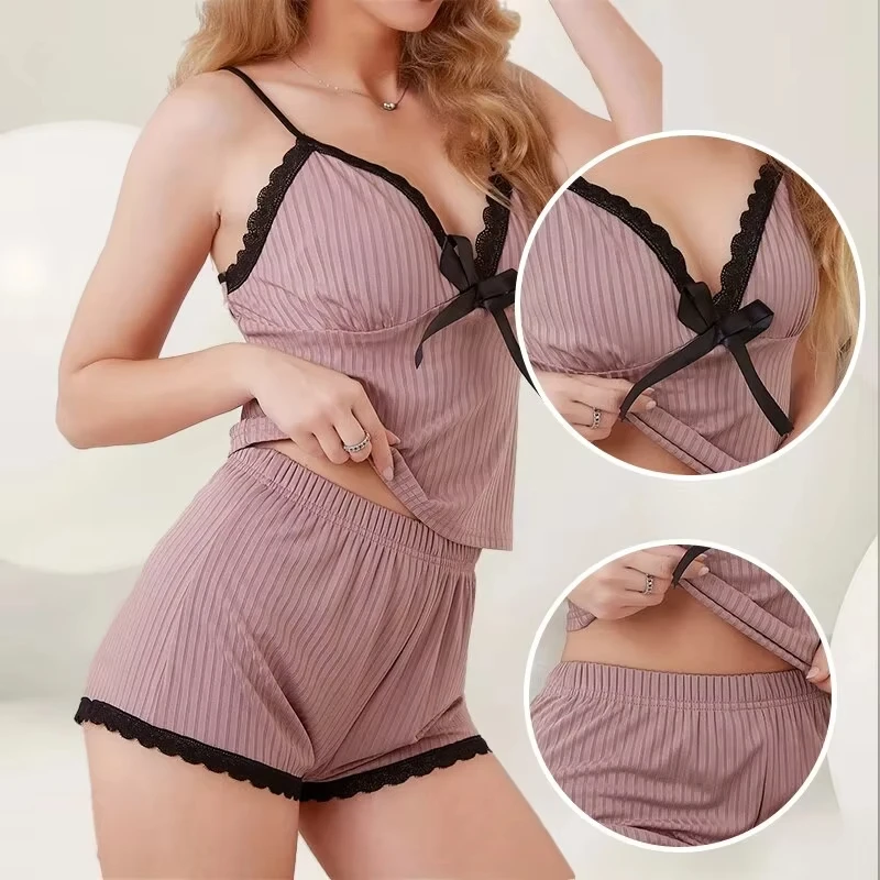 New Womens Sexy Ribbed Pajama Set Lace Trim Cami Top and Shorts Two Piece Sleepwear Loungewear V Neck with Bow Spaghetti Strap