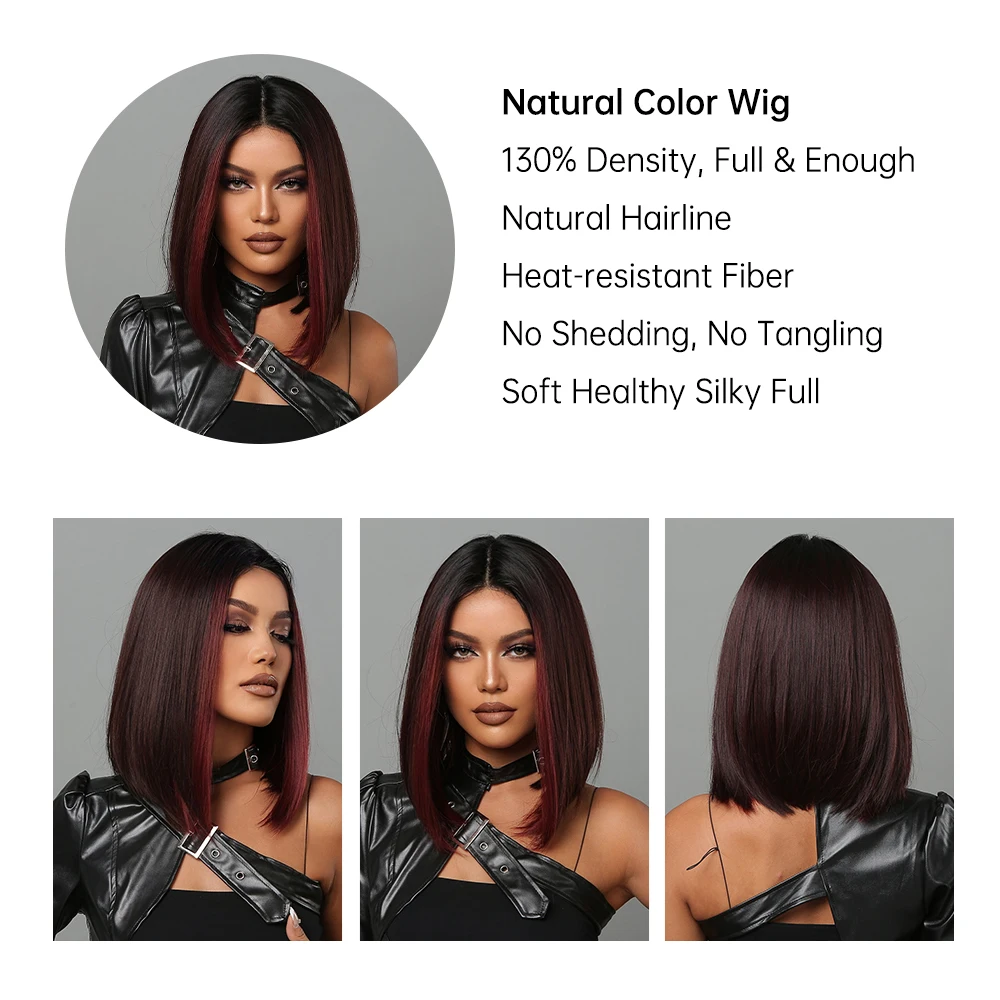 HAIRCUBE Bob-Perücken für Damen, kurze schwarze Bob-Perücke mit roten Highlights, Mittelteil, Kunsthaar-Perücken, hitzebeständiges Cosplay-Haar_voghion.com