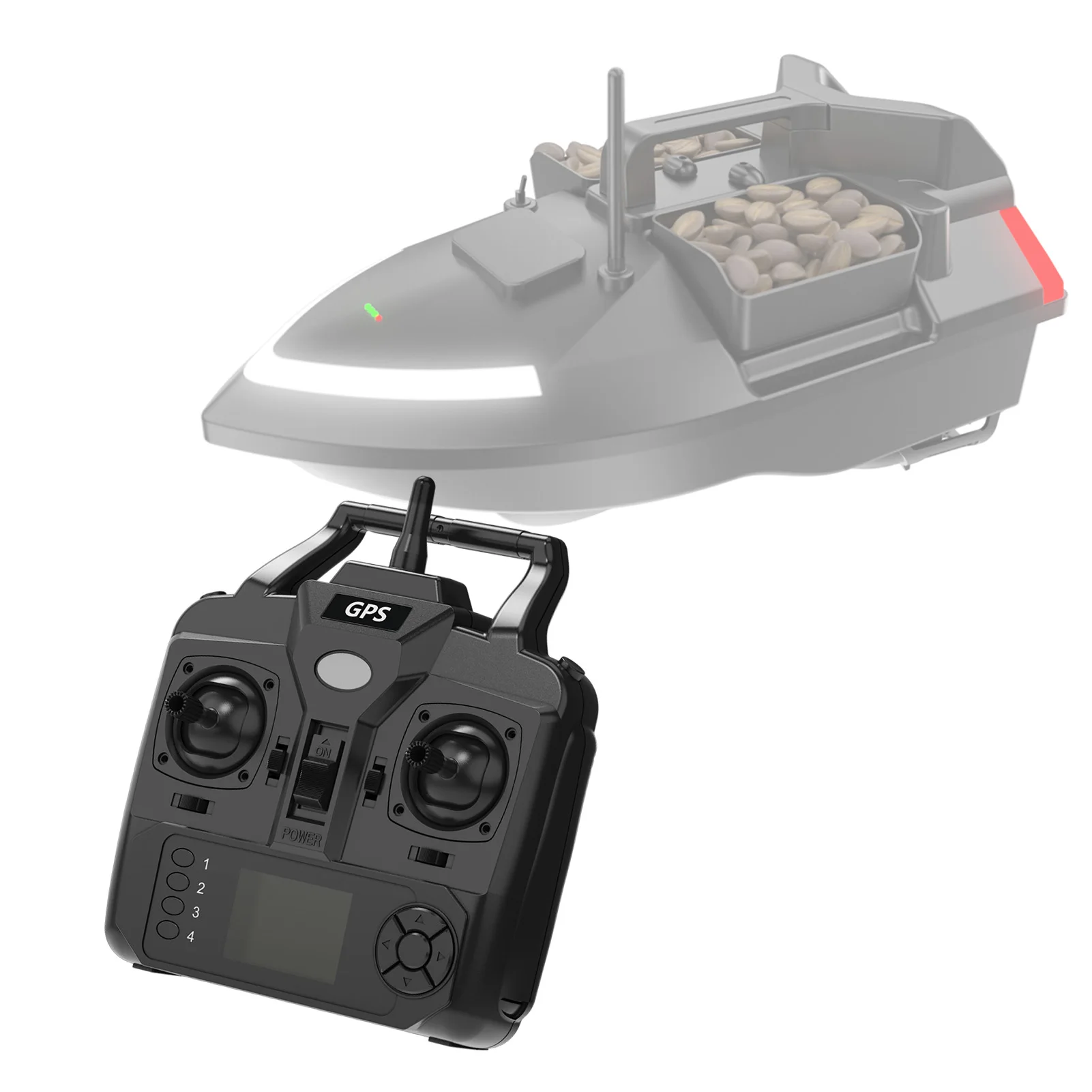 Mains tenant la télécommande pour bateau de pêche RC V020, affichant l'écran LCD rétroéclairé