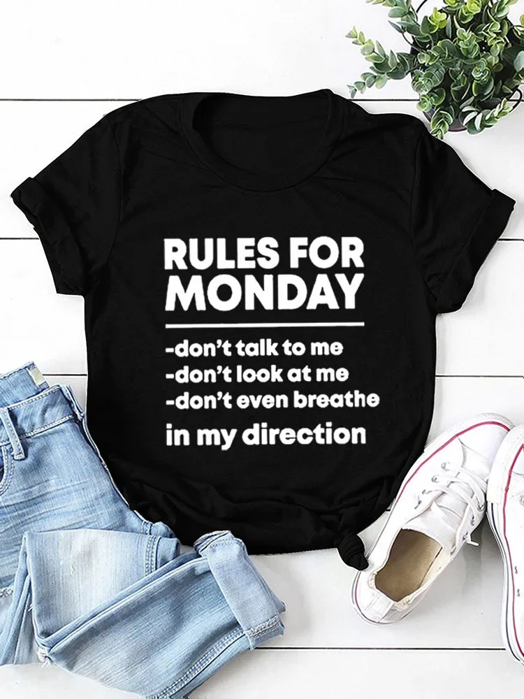 

RULES FOR MONDAY Letter Print Women T Shirt Short Sleeve O Neck Loose Women Tshirt Ladies Tee Shirt Tops Camisetas Mujer