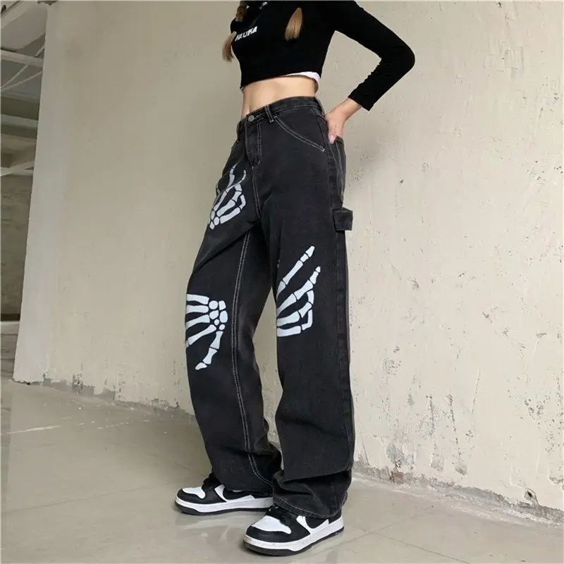 Gothic Jeans Women Harajuku Loose Wide Leg Pants Vintage Skull Bone Print Casual Straight Denim Trousers Female Streetwear Y2K high waisted jeans