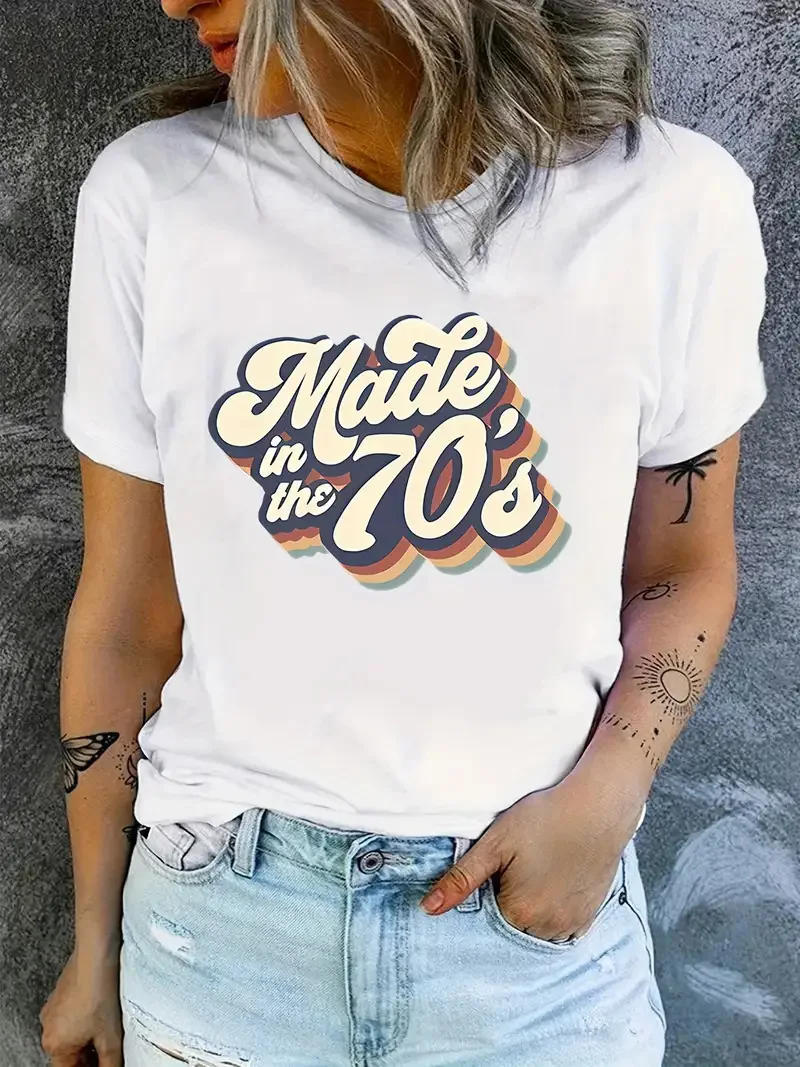 Camiseta De Letra Colorida, Casual, De Cuello Redondo, De Manga